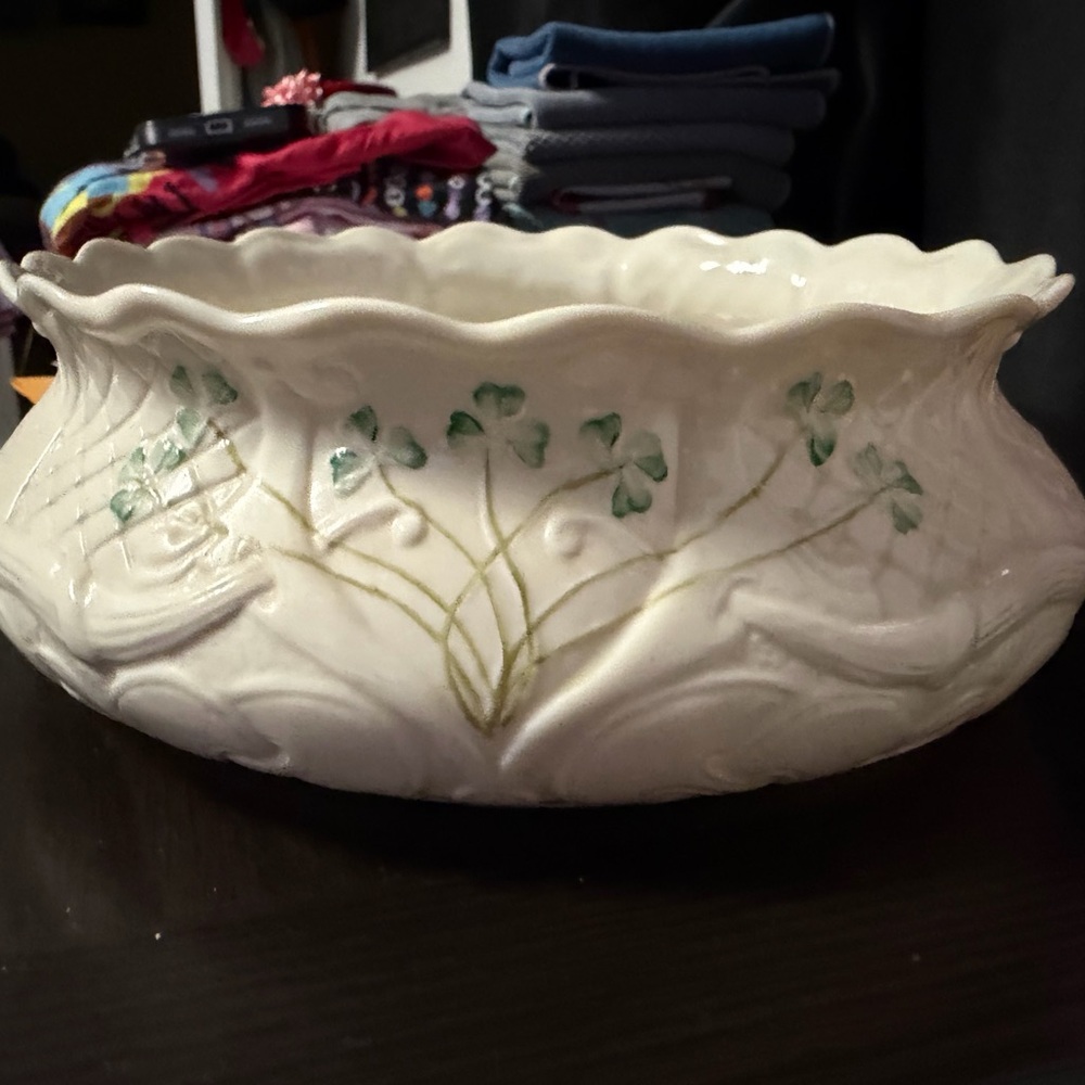 Belleek Cream and Green Shamrock Bowl